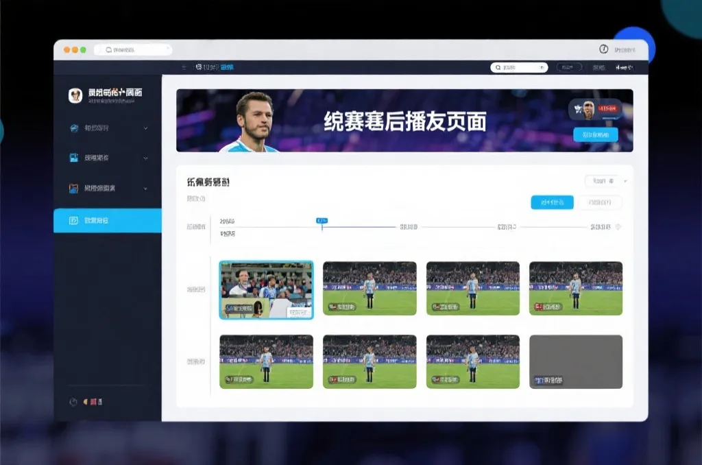 比赛结束后，电视屏幕展示集锦回放页面，旁边有时间轴和多角度切换提示